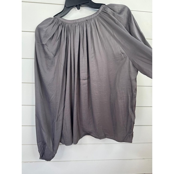 T TAHARI Women Size S Steel Grey V-Neck Tie Blouse Relaxed Fit Satin Peasant Top - Picture 5 of 8